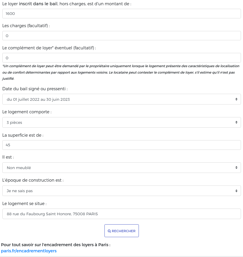 Une page de formulaire avec le logo de la ville de Paris. Y figurent les champs à remplir suivants: Le inscrit dans le bail (hors charges), les charges (facultatif), la date du bail signé ou pressenti, le nombre de pièces, la superficie, la qualité de meublé, l'époque de la construction et l'adresse du logement.