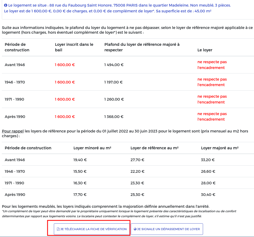 La deuxième page du formulaire indique que le loyer renseigné dépasse le montant du plafond fixé. Le formulaire propose de télécharger la fiche de vérification et de signaler ce dépassement via deux boutons.